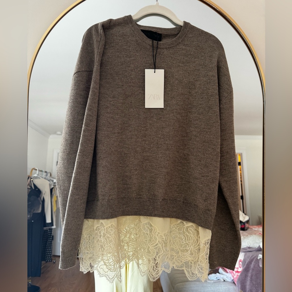 Zara Taupe Sweater with Lace Detail